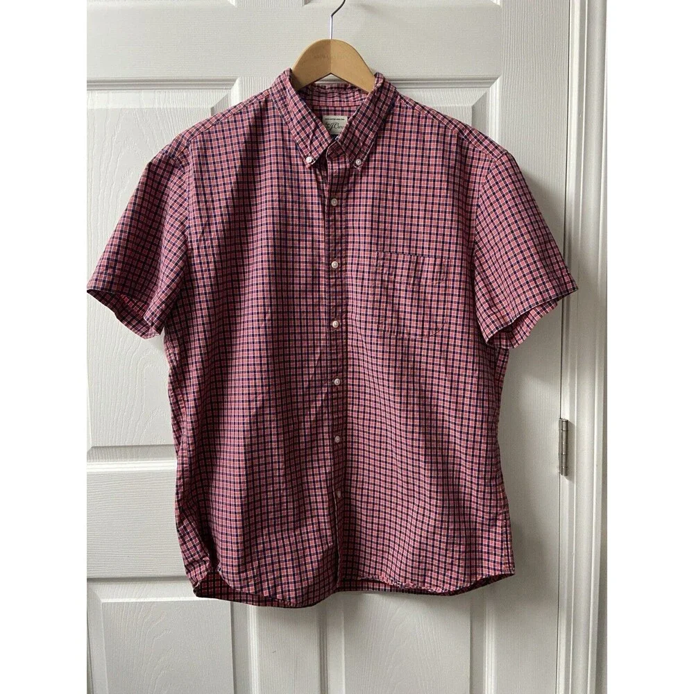 Sewn for J. Crew Shirt Mens XL Red Blue Check Short Sleeved Pocket Preppy Casual